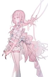 1other absurdres ajirui akiyama_mizuki back_bow bow circle_cut closed_mouth coattails detached_sleeves elbow_gloves frilled_skirt frills gloves hashtag-only_commentary highres lace lace_gloves long_hair other_focus pink_eyes pink_hair pink_ribbon pink_skirt project_sekai puffy_short_sleeves puffy_shorts puffy_sleeves ribbon short_shorts short_sleeves shorts skirt solo tears