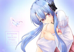 Rule 34 | 1girl, black bow, blue background, blue hair, blush, bow, braid, bug, butterfly, closed mouth, commentary request, crown braid, eyebrows hidden by hair, feet out of frame, frilled kimono, frills, glowing butterfly, hair between eyes, hair bow, hair bun, hair ribbon, hugging own legs, insect, japanese clothes, kimono, knees up, long hair, long sleeves, looking at viewer, nontraditional miko, o futon kakeru, official alternate costume, pink skirt, red eyes, red ribbon, ribbon, sidelocks, simple background, single hair bun, sitting, skirt, smile, solo, sorakado ao, split mouth, summer pockets, very long hair, watermark, white kimono, wide sleeves