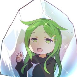 1girl black_sailor_collar black_serafuku black_shirt commentary_request crescent crescent_hair_ornament frozen green_eyes green_hair hair_flaps hair_ornament ice_block kantai_collection lowres nagatsuki_(kancolle) nagatsukiin neckerchief sailor_collar sailor_shirt school_uniform serafuku shirt solo twitter upper_body white_neckerchief