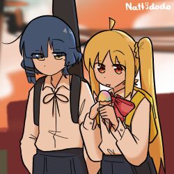 Rule 34 | 2girls, absurdres, ahoge, blonde hair, blue hair, blurry, blurry background, bocchi the rock!, bow, food, guitar case, hair ornament, hairclip, highres, ice cream, ijichi nijika, instrument case, long hair, multiple girls, nattydodo 002, non-web source, red bow, school uniform, shimokitazawa high school uniform, short hair, side ponytail, tongue, tongue out, yamada ryo, yellow bag