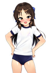 1girl :d bikini bikini_under_clothes blue_bow blue_buruma bow brown_hair buruma cameltoe commentary cowboy_shot flat_chest gluteal_fold gym_shirt gym_uniform hadacra hair_bow hands_on_own_hips idolmaster idolmaster_cinderella_girls loli long_hair looking_at_viewer open_mouth pink_bikini puffy_short_sleeves puffy_sleeves see-through_clothes see-through_shirt shirt short_sleeves simple_background smile solo swimsuit symbol-only_commentary tachibana_arisu white_background white_shirt yellow_eyes