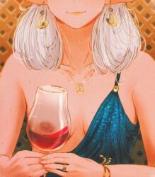 1girl asimov_(spindle_(aidenr0)) blank_stare blue_dress bracelet breasts commentary convenient_censoring cup dress drinking_glass earrings elf english_commentary freckles gold_bracelet gold_earrings gold_necklace jewelry lipstick makeup medium_breasts mole mole_on_breast necklace nipples original ottilie_(spindle_(aidenr0)) pointy_ears reflection ring smirk spindle_(aidenr0) staring white_hair wine_glass
