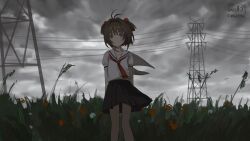 Rule 34 | 1girl, antenna hair, arms at sides, black skirt, brown hair, cardcaptor sakura, catzz, closed mouth, cloud, cloudy sky, commentary request, grass, green eyes, grey sky, hair bobbles, hair intakes, hair ornament, highres, kinomoto sakura, looking at viewer, neckerchief, outdoors, pleated skirt, power lines, red neckerchief, sailor collar, scenery, school uniform, serafuku, shirt, short hair, short sleeves, skirt, sky, solo, standing, tall grass, transmission tower, white sailor collar, white shirt, wide shot