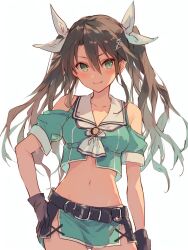 1girl character_request gloves highres looking_at_viewer midriff navel smile yuekuratsu