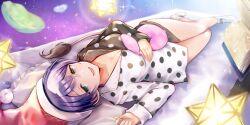 1girl alternate_costume bare_legs bed black_shirt blue_eyes book breasts cleavage commentary doremy_sweet english_commentary full_body furrowed_brow game_cg hat head_on_pillow highres long_sleeves looking_at_viewer lying mappaninatta medium_breasts nightcap official_art on_back on_bed open_book open_mouth pillow polka_dot polka_dot_shirt purple_hair red_hat shirt short_hair sky sleepwear smile socks solo space sparkle star_(sky) starry_sky tail tapir_tail thighs third-party_source touhou touhou_lostword two-tone_shirt upside-down white_shirt