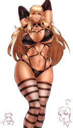Rule 34 | 1girl, 2boys, arms behind head, bikini, black bikini, blonde hair, breasts, curvy, elbow gloves, female focus, gender request, genderswap, gloves, highres, huge breasts, jojo no kimyou na bouken, legs, multiple boys, pesci, prosciutto, red eyes, risotto nero, sekiyu (spartan), shibari, shibarikini, solo, striped clothes, striped thighhighs, swimsuit, tan, thigh gap, thighhighs, thighs, wide hips