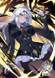 1girl black_pantyhose black_unitard blue_flower blue_rose breasts flower flower_on_chest highres long_hair long_sleeves matsumoto_tomoyohi official_alternate_costume pantyhose rose see-through_cleavage see-through_clothes solo white_hair yellow_eyes yixuan_(trails_of_ink)_(zenless_zone_zero) yixuan_(zenless_zone_zero) zenless_zone_zero