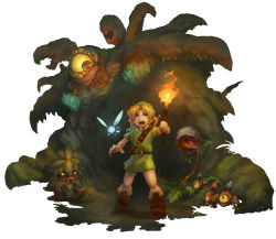1boy blonde_hair blue_eyes creature fairy gohma green_tunic hat link male_focus navi nintendo plant the_legend_of_zelda the_legend_of_zelda:_ocarina_of_time torch tunic vio_(dry-trail) young_link