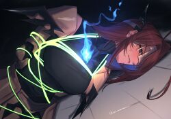 1girl absurdres blue_fire breasts brown_hair dark_background elisbian elizabeth_rose_bloodflame elizabeth_rose_bloodflame_(1st_costume) fire glowing hair_over_one_eye highres hololive hololive_english large_breasts long_hair restrained rope solo upper_body virtual_youtuber