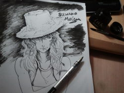 1girl armband art_brush art_tools_in_frame character_name crossed_arms hair_over_one_eye hat inkwell looking_at_viewer monochrome moriya_suwako mouth_hold paintbrush pen photo_(medium) sidelocks straw_hat touhou tres-iques wheat