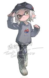 1girl :&lt; black_pantyhose black_shorts blue_hat boots brown_eyes closed_mouth commission full_body gradient_hair grey_sweater hand_on_headwear hat highres inkling inkling_girl inkling_player_character long_sleeves mole mole_under_mouth multicolored_hair newsboy_cap nintendo p-pepper pantyhose pantyhose_under_shorts pointy_ears purple_hair short_hair shorts sleeves_past_wrists solo splatoon_(series) standing sweater tentacle_hair thank_you two-tone_hair white_background white_boots white_hair