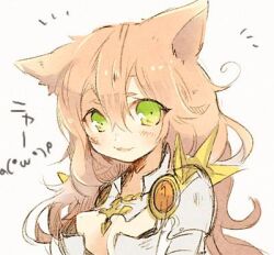 1girl animal_ears armor bikini_armor blush breasts cat_ears cat_girl cleavage commentary green_eyes large_breasts long_hair looking_at_viewer lowres notice_lines open_mouth pink_hair ragnarok_online rune_knight_(ragnarok_online) simple_background smile solo spiked_pauldrons upper_body uru_uzuki white_background