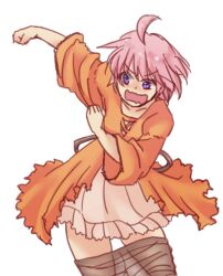 1girl ahoge alternate_costume arch_bishop_(ragnarok_online) black_pantyhose blush clothes_pull cowboy_shot dress dressing looking_down open_mouth orange_dress pantyhose pantyhose_pull pink_hair purple_eyes ragnarok_online sasamuke_pika short_hair simple_background solo v-shaped_eyebrows white_background