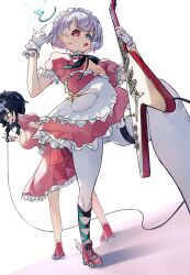 2girls absurdres amemiya_nazuna apron black_ribbon blue_eyes breasts broken_halo cleavage_cutout clothing_cutout fang flat_chest gloves guitar halo heterochromia highres holding holding_instrument holding_microphone instrument isnaxc kson large_breasts looking_at_viewer maid maid_apron maid_headdress microphone multiple_girls open_mouth pantyhose pink_shoes purple_hair red_eyes ribbon roller_skates shoes skates skin_fang thigh_strap virtual_youtuber vshojo white_background white_gloves white_hair white_pantyhose white_wrist_cuffs wrist_cuffs