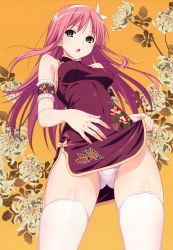 1girl absurdres arm_garter breasts chestnut_mouth china_dress chinese_clothes clothes_lift covered_navel dress dress_lift female_focus from_below gluteal_fold green_eyes hair_ribbon hairband hand_on_own_stomach highres koutaro lifting_own_clothes medium_breasts open_mouth panties pink_hair ribbon scan short_dress side_slit skindentation skirt skirt_lift solo thighhighs turtleneck underwear upskirt white_panties white_thighhighs