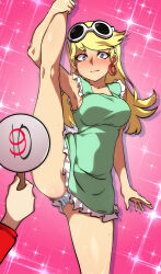 2girls arm_at_side armpits bare_arms bare_shoulders blonde_hair blue_eyes blue_panties blush breasts closed_mouth collarbone commentary dress earrings english_commentary eyewear_on_head foot_out_of_frame frilled_dress frills gluteal_fold green_dress hair_behind_ear holding holding_sign hoop_earrings jcm2 jewelry leni_loud long_hair long_sleeves looking_at_viewer lynn_loud medium_breasts multiple_girls nose_blush panties pink_background short_dress siblings sideboob sign simple_background sisters sleeveless sleeveless_dress split standing standing_on_one_leg standing_split striped_clothes striped_panties sunglasses sweat the_loud_house underwear white-framed_eyewear white_panties