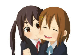 2girls arm_up biting black_jacket blazer blue_ribbon blush brown_eyes brown_hair biting_cheek clenched_hand closed_eyes dress_shirt hair_between_eyes hair_ornament hairclip hand_up head_tilt hirasawa_yui jacket k-on! long_hair long_sleeves multiple_girls nakano_azusa neck_ribbon open_mouth red_ribbon ribbon school_uniform shirt short_hair simple_background smile teeth toshipon twintails vore white_background white_shirt yuri