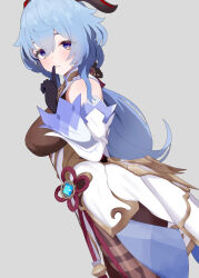 1girl 7neet ahoge bare_shoulders bell blue_hair blush bow breasts commentary detached_sleeves english_commentary finger_to_mouth from_side ganyu_(genshin_impact) genshin_impact grey_background highres horns long_hair looking_at_viewer low_ponytail medium_breasts paid_reward_available ponytail purple_eyes sidelocks smile solo standing tassel vision_(genshin_impact) white_sleeves