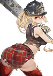 1girl absurdres ass bare_shoulders baseball_bat black_gloves black_shirt blonde_hair blush closed_mouth combat_helmet commentary crossed_bangs from_behind gloves hair_between_eyes hat helmet highres holding holding_baseball_bat long_hair looking_at_viewer looking_back luciana_de_montefio metal_baseball_bat midriff peaked_cap pickelhaube plaid_clothes plaid_sarong red_eyes red_sarong red_thighhighs sarong shirt side_ponytail simple_background skindentation sleeveless sleeveless_shirt solo teddypocky thick_thighs thighhighs thighs torn_clothes torn_shirt white_background zenless_zone_zero