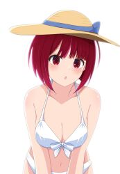 1girl :o arima_kana bare_shoulders bikini blush bob_cut breasts cleavage collarbone hat highres inverted_bob kaedemarine leaning_forward medium_breasts midriff navel open_mouth oshi_no_ko red_eyes red_hair shiny_skin short_hair simple_background solo standing stomach straw_hat swimsuit white_background white_bikini