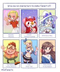 Rule 34 | 1boy, 5girls, animal crossing, asuka momoko, blonde hair, breasts, brown eyes, carl wheezer, celeste (animal crossing), cleavage, crossover, fairy tail, fruits basket, hatsune miku, highres, honda tohru, jimmy neutron (series), large breasts, long hair, looking at viewer, lucy heartfilia, multiple drawing challenge, multiple girls, nintendo, ojamajo doremi, open mouth, owl girl, six fanarts challenge, smile, solo, suki! yuki! maji magic (vocaloid), umino-mari, vocaloid, yuki miku, yuki miku (2014)