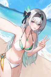 1girl absurdres beach black_hairband bow breasts collarbone commentary cowboy_shot dana_(hapong07) day dutch_angle firefly_(honkai:_star_rail) gradient_hair green_hair grey_hair hair_intakes hairband halterneck highres honkai:_star_rail honkai_(series) large_breasts long_hair looking_at_viewer multicolored_hair navel ocean open_mouth outdoors purple_eyes solo two-tone_hair v wet