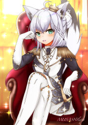 Rule 34 | 1girl, absurdres, ahoge, animal ear fluff, animal ears, artist name, blurry, blurry background, blush, boots, braid, chair, commentary request, crossed legs, earrings, epaulettes, fox ears, fox girl, fox tail, gloves, green eyes, hair between eyes, hair bun, head rest, highres, hololive, indoors, jewelry, light particles, looking at viewer, musashi@lapis, open mouth, pentagram, shirakami fubuki, shirakami fubuki (fbkingdom), sidelocks, single braid, sitting, solo, tail, thigh boots, virtual youtuber, white boots, white gloves, white hair