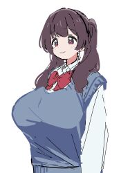 Rule 34 | 1girl, archived source, blue sweater vest, blush, bow, bowtie, breasts, brown hair, closed mouth, highres, huge breasts, long hair, original, osakana (kitasisn), red bow, red bowtie, red eyes, shirt, smile, solo, sweater vest, third-party source, twintails, upper body, white background, white shirt