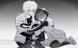 1boy 1girl 1other artist_name bandana bandana_around_neck bangboo_(zenless_zone_zero) belle_(zenless_zone_zero) black_pants black_thighhighs brother_and_sister closed_eyes closed_mouth commentary crossed_bangs eous_(zenless_zone_zero) felichiii greyscale hair_between_eyes hashtag-only_commentary highres hood hooded_jacket hug jacket monochrome mutual_hug pants siblings single_thighhigh smile symbol-only_commentary thighhighs wise_(zenless_zone_zero) zenless_zone_zero
