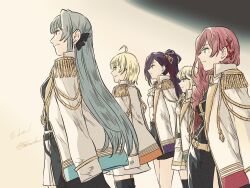 Rule 34 | 5girls, ahoge, aqua eyes, arms at sides, artist name, ascot, belt, belt buckle, black background, black belt, black boots, black jacket, black ribbon, black thighhighs, blonde hair, boots, brown background, buckle, buttons, closed mouth, commentary, drill hair, epaulettes, from side, gradient background, grey hair, group name, hair ornament, hair over shoulder, hair ribbon, high collar, high ponytail, highres, jacket, jacket on shoulders, liu mei fan, long hair, long sleeves, looking ahead, miniskirt, multiple girls, otori michiru, pink hair, ponytail, profile, purple eyes, purple hair, red ribbon, ribbon, short hair, shoujo kageki revue starlight, shoujo kageki revue starlight -re live-, shozoku, side slit, signature, skirt, smile, standing, thigh boots, thighhighs, tsuruhime yachiyo, very long hair, waist cape, white ascot, white jacket, white skirt, x hair ornament, yellow belt, yukishiro akira, yumeoji shiori, zettai ryouiki