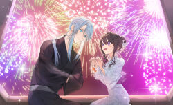 1boy 1girl :d aerial_fireworks back_bow bag bagged_fish black_kimono blue_eyes bow brown_hair closed_mouth commentary_request fireworks fish floral_print flower goldfish grey_hair hair_bun hair_flower hair_ornament hands_in_opposite_sleeves holding holding_bag hu_kotora japanese_clothes kimono long_hair long_sleeves night night_sky obi open_mouth original plastic_bag print_kimono purple_bow purple_eyes sash sky smile very_long_hair water white_flower white_kimono wide_sleeves yukata