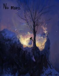 Rule 34 | 1girl, bare tree, black hair, cliff, dawn, english text, long hair, night, night sky, original, scenery, shadow, sky, slow d, solo, tree