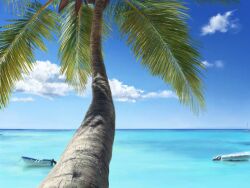 blue_sky boat cloud commentary_request day no_humans ocean original outdoors palm_leaf palm_tree photo-referenced sky tree water watercraft yuki112071