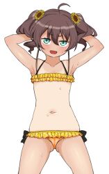 1girl ahoge aqua_eyes armpits arms_behind_head bikini brown_hair flat_chest frilled_bikini frills hair_between_eyes hololive looking_at_viewer natsuiro_matsuri navel okunin open_mouth short_twintails simple_background smile solo stomach sweat swimsuit tan tanline twintails virtual_youtuber white_background