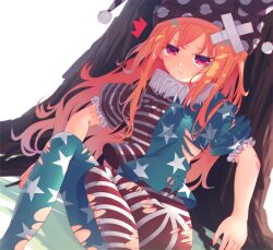 Rule 34 | 1girl, absurdres, american flag dress, american flag legwear, bandaid, bandaid on hair, clownpiece, crossed bandaids, dress, feet out of frame, hat, highres, jester cap, long hair, looking at viewer, neck ruff, on grass, orange hair, pantyhose, penglai tea, polka dot, pout, red eyes, short sleeves, sitting, solo, star (symbol), star print, striped clothes, sweatdrop, torn clothes, touhou, tree, white background