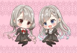 Rule 34 | 2girls, :d, black jacket, black ribbon, black skirt, black thighhighs, blue eyes, blush, bow, braid, braided bangs, brown eyes, chibi, closed mouth, collared shirt, commentary request, dress shirt, earrings, grey hair, hair ribbon, hand up, hisakawa hayate, hisakawa nagi, idolmaster, idolmaster cinderella girls, idolmaster cinderella girls starlight stage, jacket, jewelry, juliet sleeves, long sleeves, low twintails, multiple girls, no shoes, open clothes, open jacket, open mouth, pink background, puffy sleeves, red bow, ribbon, rino cnc, shirt, siblings, sisters, skirt, smile, thighhighs, twins, twintails, white shirt