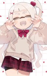 Rule 34 | &gt; &lt;, 1girl, black shorts, bow, bowtie, closed eyes, collared shirt, commentary request, cowboy shot, facing viewer, fangs, grid background, hair ornament, hands up, heart, heart hair ornament, highres, inkling, inkling girl, inkling player character, long hair, long sleeves, mole, mole under eye, nintendo, one side up, open mouth, plaid clothes, plaid skirt, pleated skirt, pointy ears, pom pom (clothes), pom pom hair ornament, red bow, red bowtie, red skirt, sabata saba, shirt, shorts, shorts under skirt, skindentation, skirt, smile, solo, splatoon (series), sweater, tentacle hair, white background, white hair, white shirt, white tongue, x hair ornament, yellow sweater