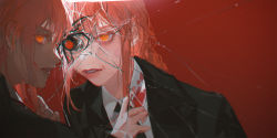 2girls black_jacket black_necktie blood blood_on_clothes blood_on_face braid braided_ponytail broken_mirror chainsaw_man collared_shirt crack cracked_glass different_reflection dual_persona eucharist_(susukinoo) eyeball film_grain highres jacket looking_at_another looking_at_viewer looking_back makima_(chainsaw_man) medium_hair mirror multiple_girls necktie orange_eyes parted_lips portrait red_background red_hair reflection ringed_eyes shirt sidelocks single_braid white_shirt