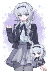 1girl black_bow black_hairband black_jacket black_ribbon black_shoes bow braid chibi chinese_commentary closed_mouth commentary_request commission cowboy_shot eyelashes glint grey_hair grey_pantyhose grey_skirt hair_intakes hair_ornament hairband hairclip hand_up highres jacket kirifuji_nozomi lapels long_hair mole mole_under_eye multiple_views naijiu30356 neck_ribbon notched_lapels open_clothes open_jacket pantyhose pleated_skirt purple_eyes ribbon shoes side_braid single_braid skirt sleeves_past_wrists smile the_hundred_line_-last_defense_academy- too_many_watermarks watermark wing_collar