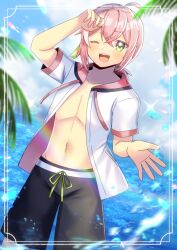 1boy ;d ahoge arm_up black_male_swimwear blue_sky cloud collarbone commentary_request commission day drawstring green_eyes groin hair_between_eyes horizon indie_virtual_youtuber jacket kou_hiyoyo long_hair looking_at_viewer low_ponytail male_focus male_swimwear nanaka_touka navel ocean one_eye_closed open_clothes open_jacket open_mouth outdoors pink_hair ponytail short_sleeves skeb_commission sky smile solo swim_trunks virtual_youtuber water white_jacket