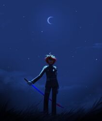 1boy ahoge armband black_hair black_jacket black_pants blood blood_on_sword bloody_sword bloody_weapon blue_eyes grass highres holding holding_sword holding_weapon jacket last_defense_academy_school_uniform long_sleeves male_focus messy_hair moon moonlight multicolored_hair night night_sky open_mouth outdoors pants red_hair sky solo solo_focus standing star_(sky) sumino_takumi sword teeth the_hundred_line_-last_defense_academy- upper_teeth_only weapon
