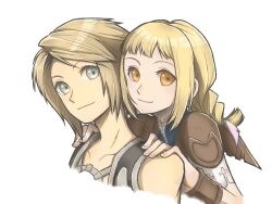 1boy 1girl artist_request blonde_hair blue_eyes braid brown_eyes closed_mouth final_fantasy final_fantasy_xii long_hair looking_at_viewer penelo simple_background smile twin_braids twintails vaan_(ff12) white_background