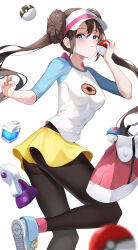 1girl aqua_eyes ass bag black_pantyhose blue_shoes blush breasts brown_hair commentary_request dawon double_bun great_ball hair_bun highres holding holding_poke_ball long_hair looking_at_viewer medium_breasts miniskirt nintendo pantyhose poke_ball poke_ball_(basic) pokemon pokemon_bw2 potion_(pokemon) raglan_sleeves rosa_(pokemon) shirt shoes simple_background skirt solo standing standing_on_one_leg twintails ultra_ball very_long_hair visor_cap white_background white_shirt yellow_skirt
