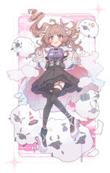 1girl absurdres animal_ears arknights black_pantyhose black_skirt black_thighhighs breasts brown_hair commentary eyjafjalla_(arknights) eyjafjalla_the_hvit_aska_(arknights) full_body highres horns long_hair long_sleeves miniskirt nalphanne pantyhose pink_eyes purple_shirt sheep sheep_ears sheep_girl sheep_horns shirt side_ponytail single_leg_pantyhose single_thighhigh skirt small_breasts solo symbol-only_commentary thighhighs