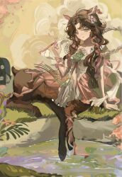 1girl animal_ears arm_support brown_hair centaur deer_ears deer_girl dress flower full_body green_eyes hair_flower hair_ornament hair_ribbon hand_up highres jessica_(reverse:1999) long_hair official_alternate_costume on_grass pink_dress pink_flower pink_ribbon reverse:1999 ribbon sitting solo taur water y235604 yellow_background