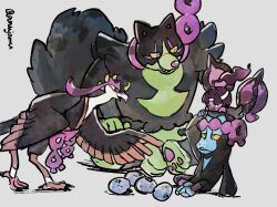 1other 3boys amujamu berry_(pokemon) bird black_eyes bright_pupils brown_eyes colored_sclera fezandipiti gen_9_pokemon highres legendary_pokemon looking_at_another multiple_boys munkidori nintendo no_humans okidogi open_mouth pecharunt pokemon pokemon_(creature) white_pupils yellow_sclera