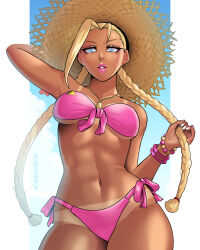 Rule 34 | 1girl, abs, bikini, blonde hair, blue eyes, blue sky, braid, breasts, cammy white, cloud, dangerousbride, hat, lips, medium breasts, pink bikini, scar, scar on face, sky, straw hat, street fighter, street fighter 6, swimsuit, tan, tanline