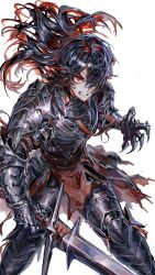 1boy absurdres armor black_armor black_hair breastplate clawed_gauntlets clenched_teeth commentary full_armor gauntlets greaves hair_over_one_eye highres holding holding_sword holding_weapon knight long_hair male_focus multicolored_hair nameno92372763 one_eye_covered original pauldrons red_eyes red_hair scar scar_on_face shoulder_armor simple_background solo standing sword teeth two-tone_hair weapon white_background