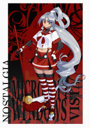1girl absurdres alt_text commentary dark-skinned_female dark_skin drill_hair english_commentary grey_hair hand_on_own_hip highres holding holding_scythe long_hair looking_at_viewer microsoft_windows midriff navel object_through_head os-tan ponytail red_eyes red_shoes red_skirt screw_hair_ornament screw_in_head scythe shirt shoes skirt solo standing striped_clothes striped_thighhighs teku-a-fool thighhighs very_long_hair vistake white_shirt windows_vista zettai_ryouiki