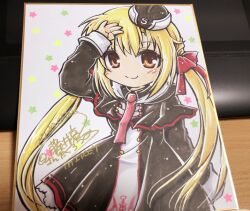 1girl arihara_nanami black_dress black_hat blonde_hair blush bow closed_mouth comiket_98 commentary_request cowboy_shot dress fujii_ryou hair_bow hand_up hat long_hair looking_at_viewer low_twintails necktie orange_eyes pink_necktie red_bow riddle_joker shikishi smile solo star_(symbol) twintails white_background